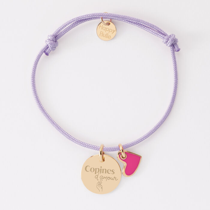 Bracelet personnalisé médaille gravée plaqué or 15 mm et breloque cœur email 10 mm - Témoin de la mariée - Copines d'amour