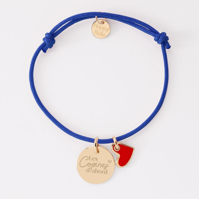 Bracelet personnalisé médaille gravée plaqué or 15 mm et breloque cœur email 10 mm - Témoin de la mariée - Les copines d'abord