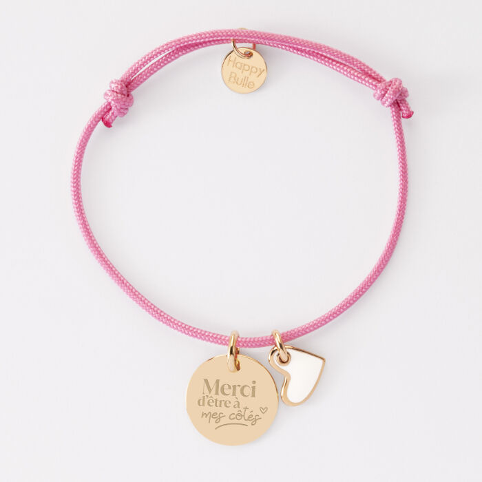 Bracelet personnalisé médaille gravée plaqué or 15 mm et breloque cœur email 10 mm - Témoin de la mariée - Merci d'être à mes côtés