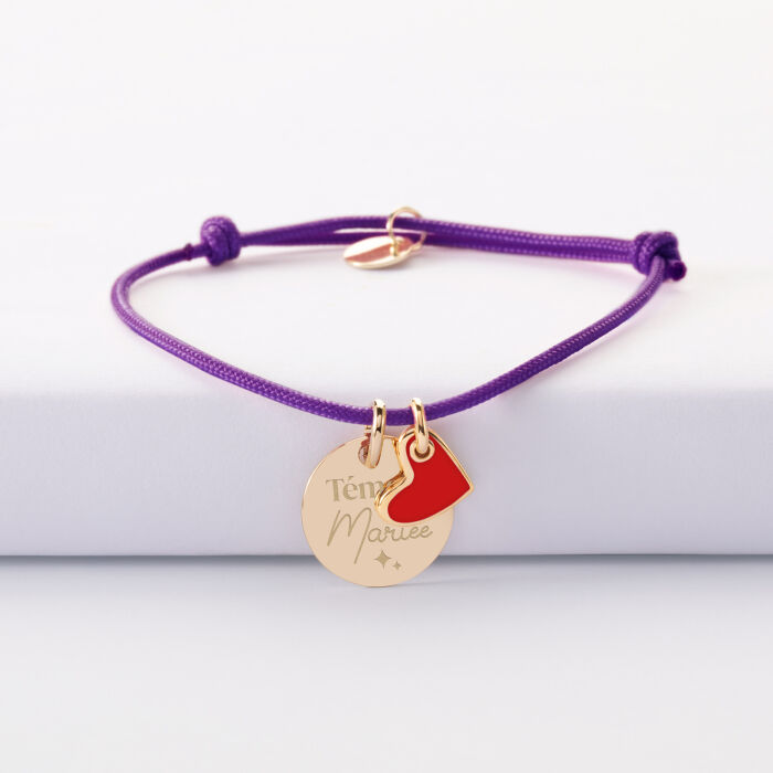 Bracelet personnalisé médaille gravée plaqué or 15 mm et breloque cœur email 10 mm - Témoin de la mariée - Team de la mariée