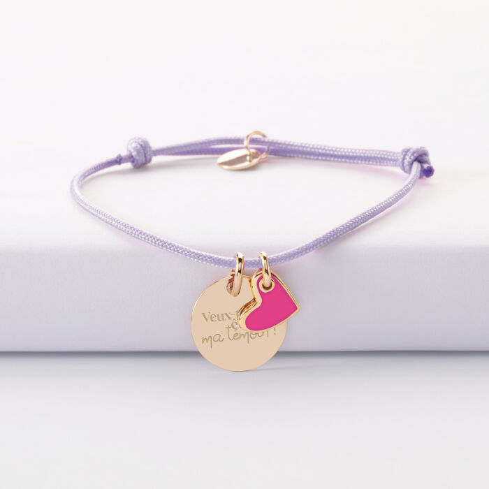 Bracelet personnalisé médaille gravée plaqué or 15 mm et breloque cœur email 10 mm - Témoin de la mariée - Veux tu être ma témoin