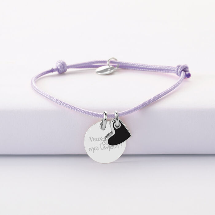 Bracelet personnalisé médaille gravée argent 15 mm et breloque cœur email 10 mm - Témoin de la mariée - Veux tu être ma témoin