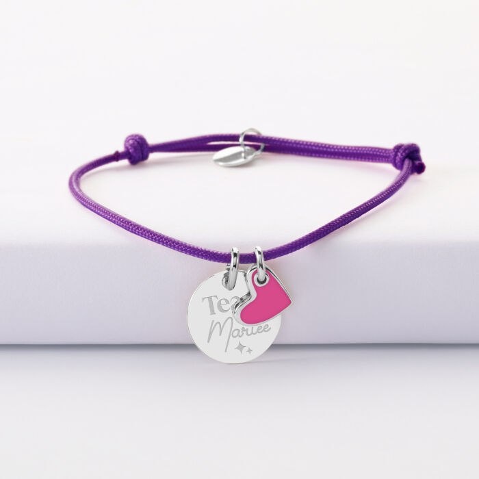 Bracelet personnalisé médaille gravée argent 15 mm et breloque cœur email 10 mm - Témoin de la mariée - Team de la mariée