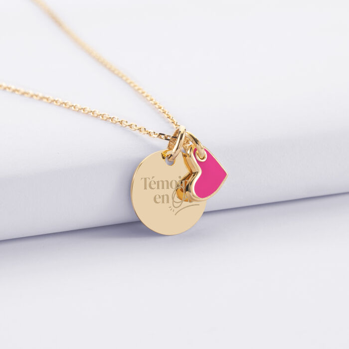 Pendentif personnalisé médaille gravée plaqué or 15 mm et breloque cœur email 10 mm - Témoin de la mariée - Témoin en or