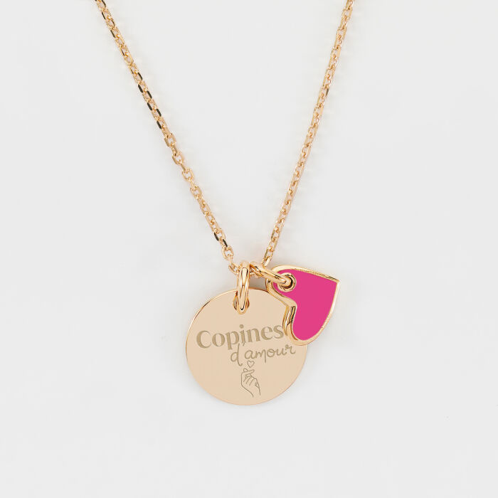 Pendentif personnalisé médaille gravée plaqué or 15 mm et breloque cœur email 10 mm - Témoin de la mariée - Copines d'amour