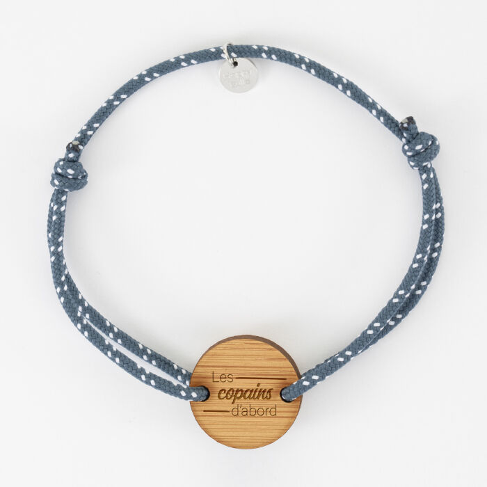 Bracelet témoin homme personnalisé cordage marin simple médaille gravée bois ronde 2 trous 21 mm - Les copains d'abord