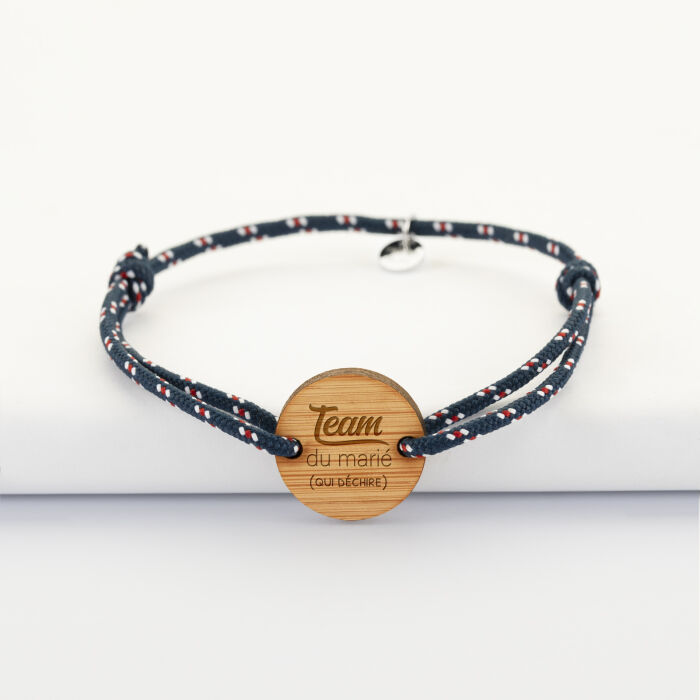Bracelet témoin homme personnalisé cordage marin simple médaille gravée bois ronde 2 trous 21 mm - Team du marié