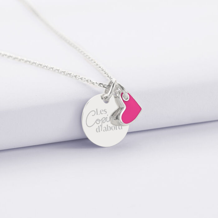 Pendentif personnalisé médaille gravée argent 15 mm et breloque cœur email 10 mm - Témoin de la mariée - Les copines d'abord