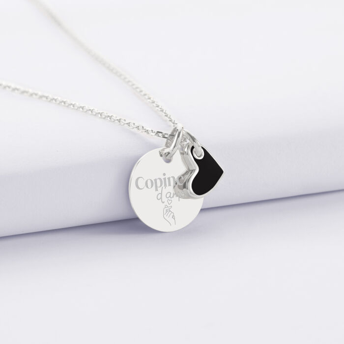 Pendentif personnalisé médaille gravée argent 15 mm et breloque cœur email 10 mm - Témoin de la mariée - Copines d'amour