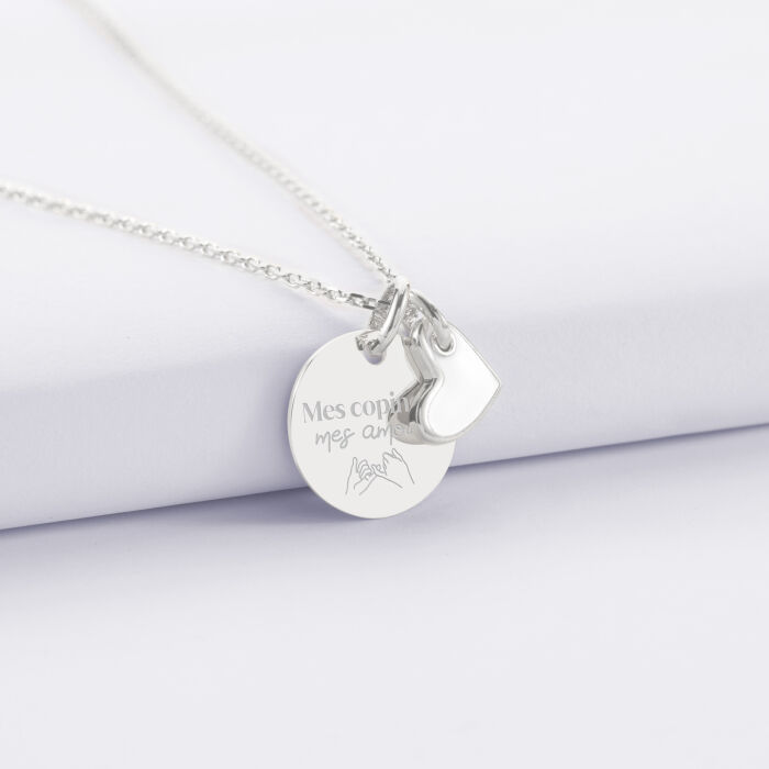 Pendentif personnalisé médaille gravée argent 15 mm et breloque cœur email 10 mm - Témoin de la mariée - Mes copines mes amours