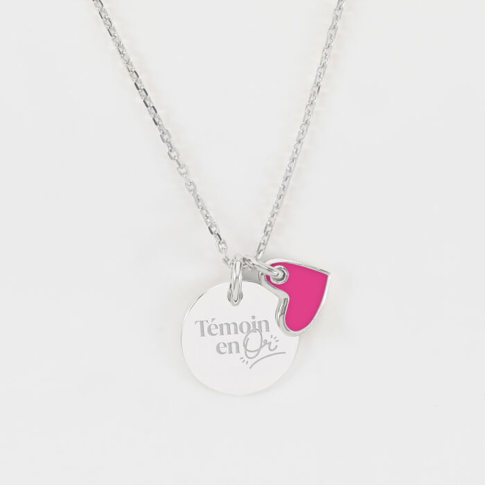 Pendentif personnalisé médaille gravée argent 15 mm et breloque cœur email 10 mm - Témoin de la mariée - Témoin en or