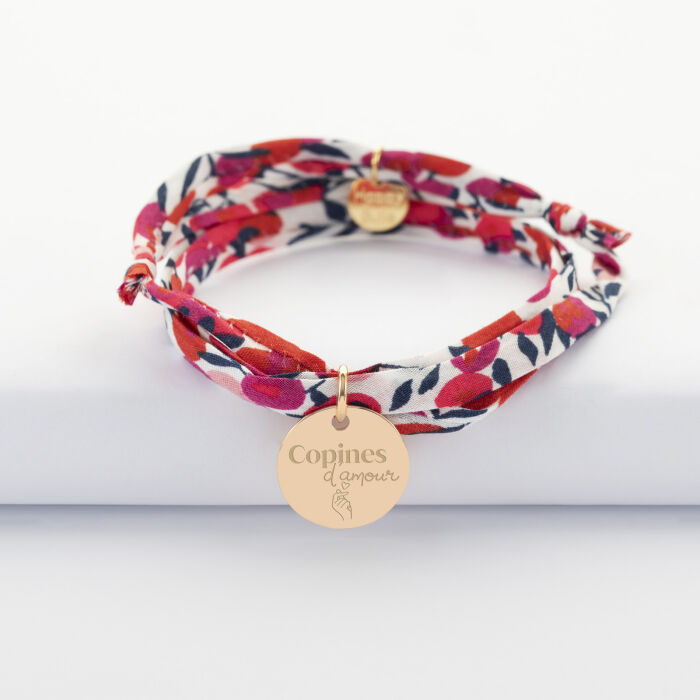 Bracelet 3 tours Liberty personnalisé médaille gravée plaqué or 15 mm - Témoin de la mariée - Copines d'amour