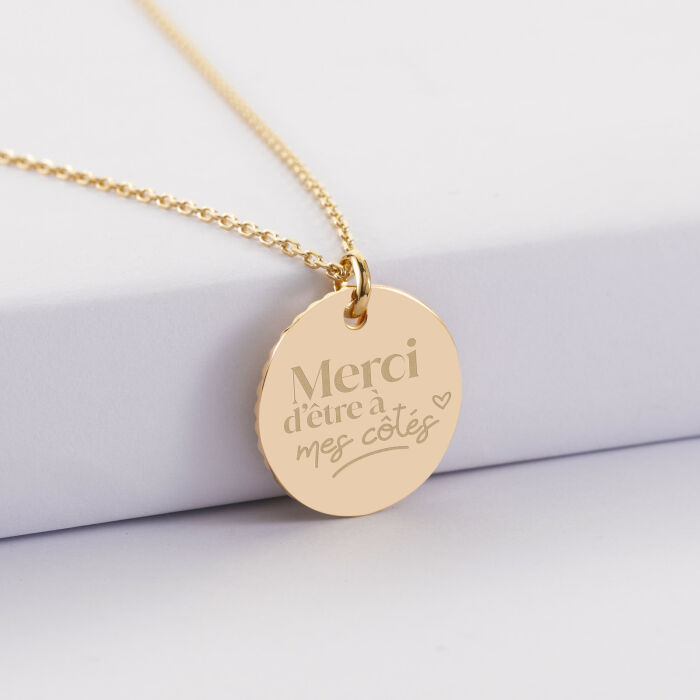 Pendentif personnalisé médaille soleil cœur bombé gravée plaqué or 19 mm - Témoin de la mariée - Merci d'être à mes côtés