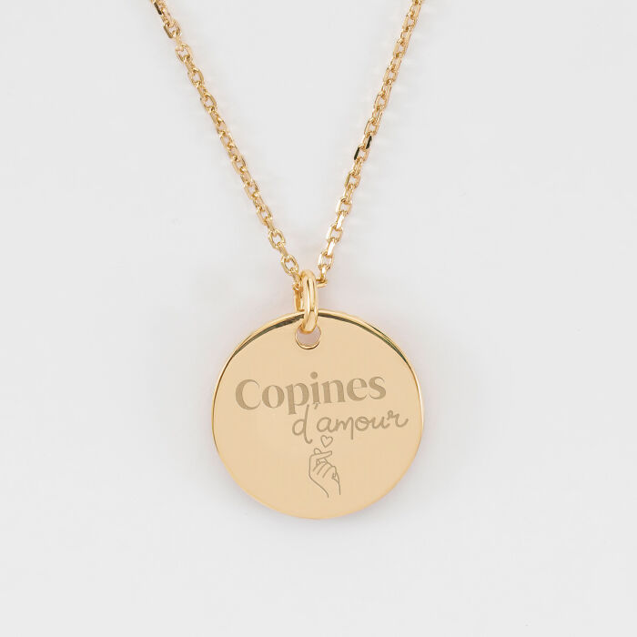 Pendentif personnalisé médaille soleil cœur bombé gravée plaqué or 19 mm - Témoin de la mariée - Copines d'amour
