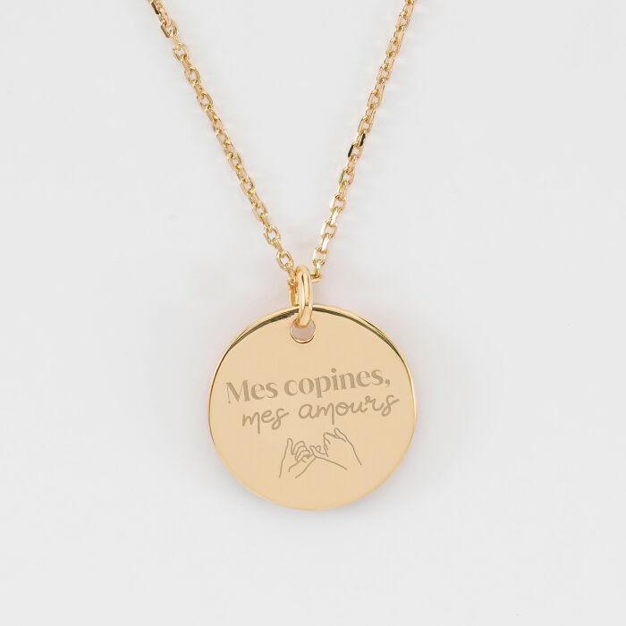 Pendentif personnalisé médaille soleil cœur bombé gravée plaqué or 19 mm - Témoin de la mariée - Mes copines mes amours