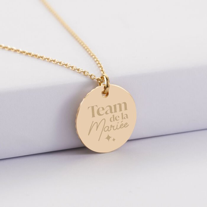 Pendentif personnalisé médaille soleil cœur bombé gravée plaqué or 19 mm - Témoin de la mariée - Team de la mariée