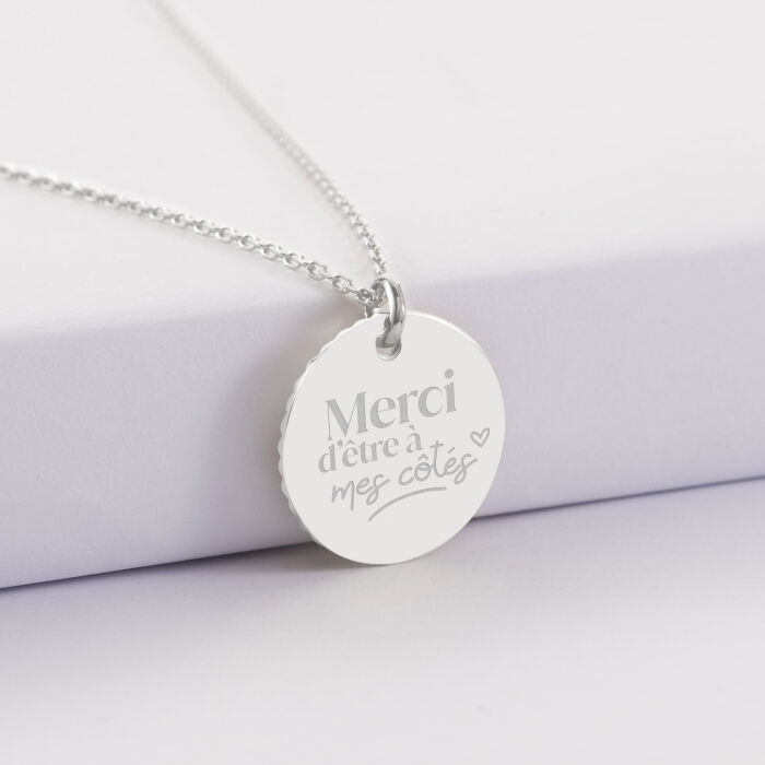 Pendentif personnalisé médaille soleil cœur bombé gravée argent 19 mm - Témoin de la mariée - Merci d'être à mes côtés