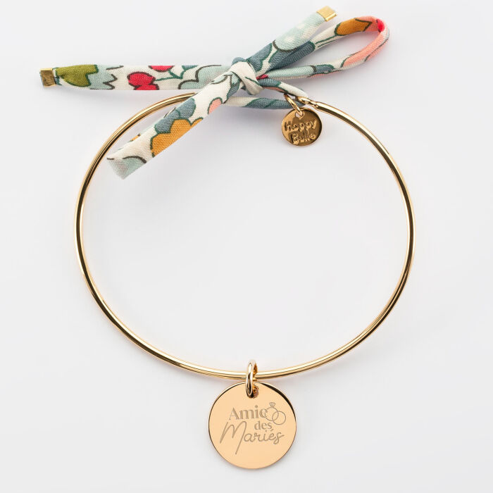 Bracelet Famille des mariés personnalisé jonc plaqué or et cordon Liberty médaille gravée 15 mm - Amie des mariés