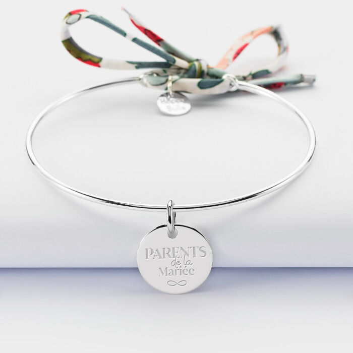 Bracelet Famille des mariés personnalisé jonc argent et cordon Liberty médaille gravée 15 mm - Parents de la mariée