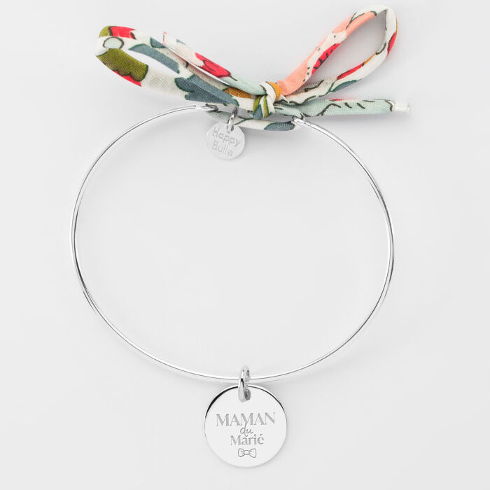 Bracelet Famille des mariés personnalisé jonc argent et cordon Liberty médaille gravée 15 mm - Maman du marié