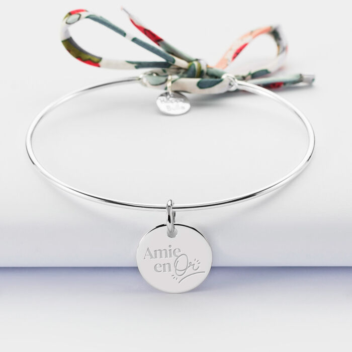 Bracelet Famille des mariés personnalisé jonc argent et cordon Liberty médaille gravée 15 mm - Amie en or