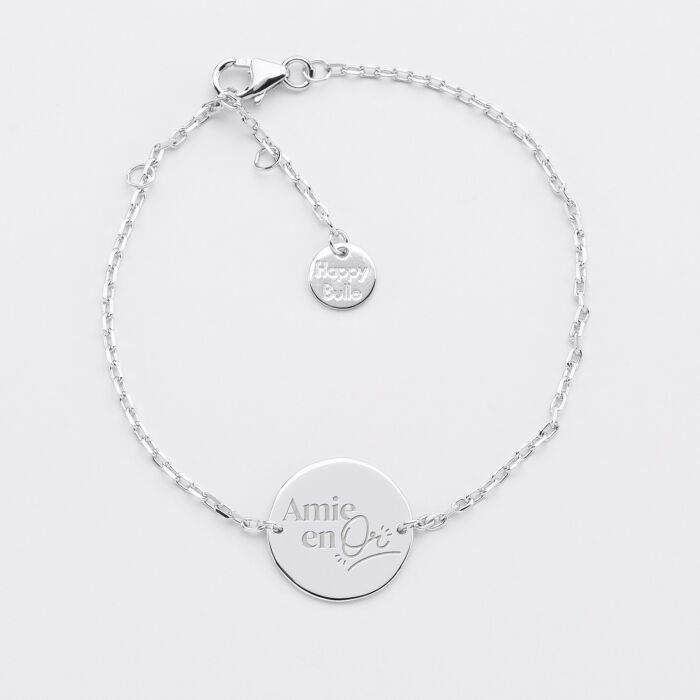 Bracelet chaine Famille des mariés personnalisé médaille gravée argent 2 trous 15 mm - Amie en or