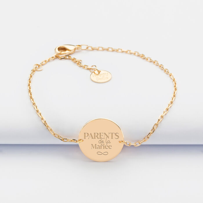 Bracelet chaine Famille des mariés personnalisé médaille gravée plaqué or 2 trous 15 mm - Parents de la mariée