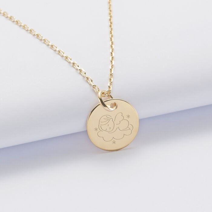 Pendentif Baptême enfant personnalisé médaille gravée plaqué or 15 mm petit ange
