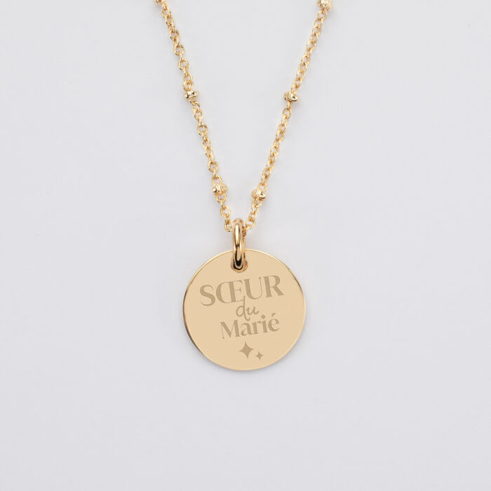 Pendentif Famille des mariés personnalisé médaille gravée plaqué or 15 mm - Sœur du marié