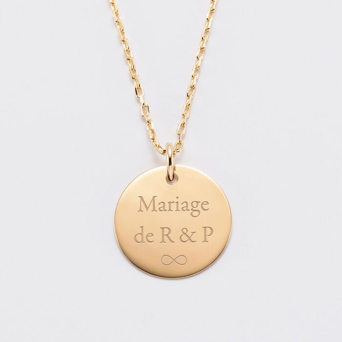 Pendentif Famille des mariés personnalisé médaille gravée plaqué or 19 mm - Texte