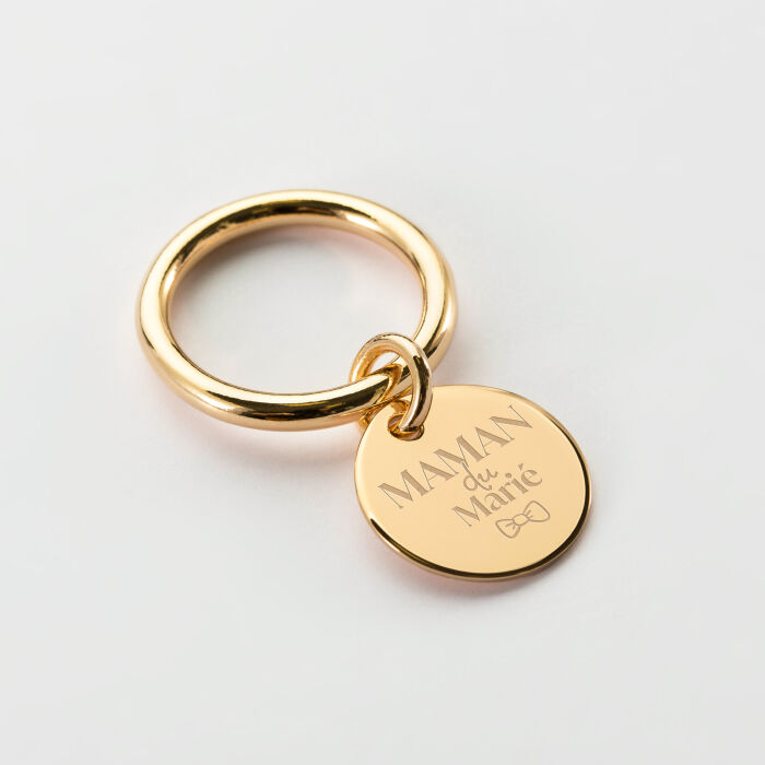 Bague jonc Famille des mariés plaqué or personnalisée médaille gravée 15 mm - Maman du marié