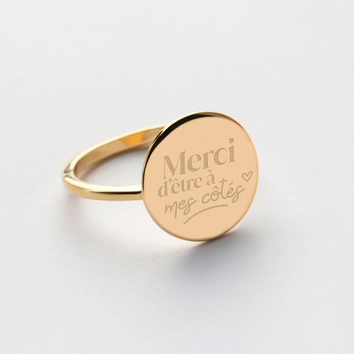 Bague plateau Famille des mariés personnalisée plaqué or médaille gravée 15 mm - Merci d'être à mes côtés
