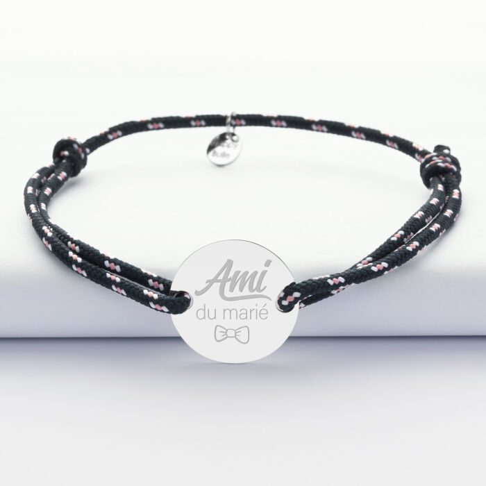 Bracelet homme Famille des mariés personnalisé cordage marin simple médaille gravée argent 2 trous 20 mm - Ami du marié