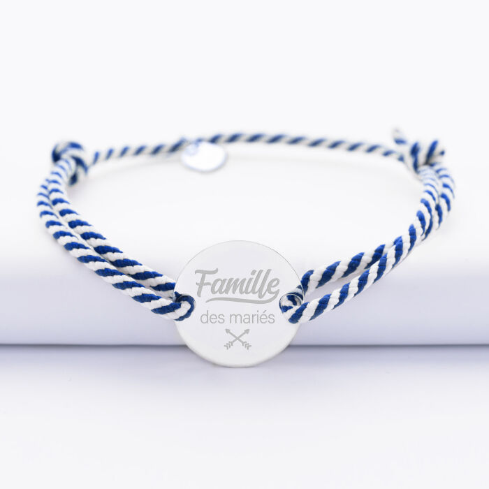 Bracelet homme Famille des mariés personnalisé cordon marin tressé médaille gravée argent 2 trous 20 mm - Famille des mariés