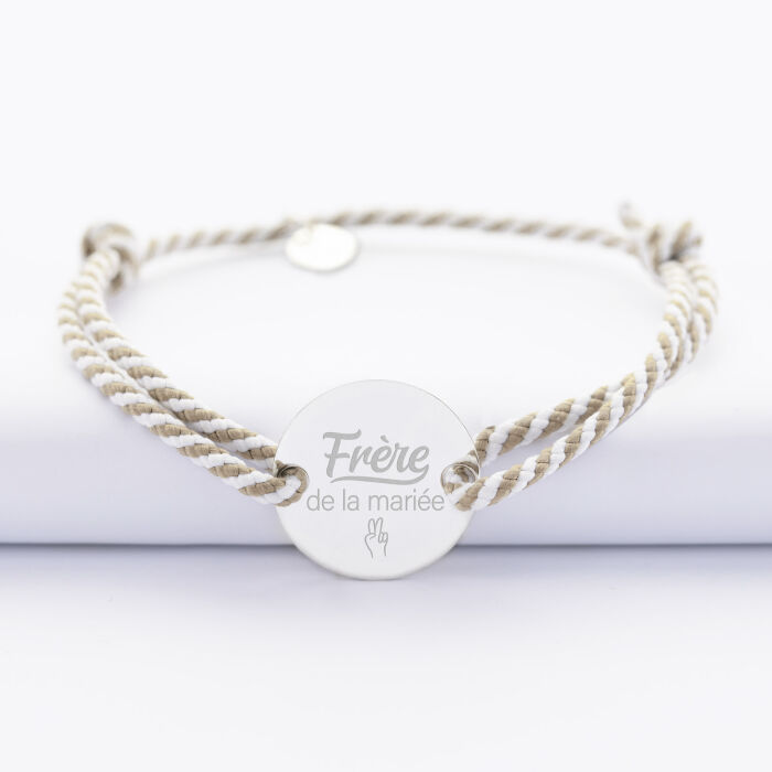 Bracelet homme Famille des mariés personnalisé cordon marin tressé médaille gravée argent 2 trous 20 mm - Frère de la mariée