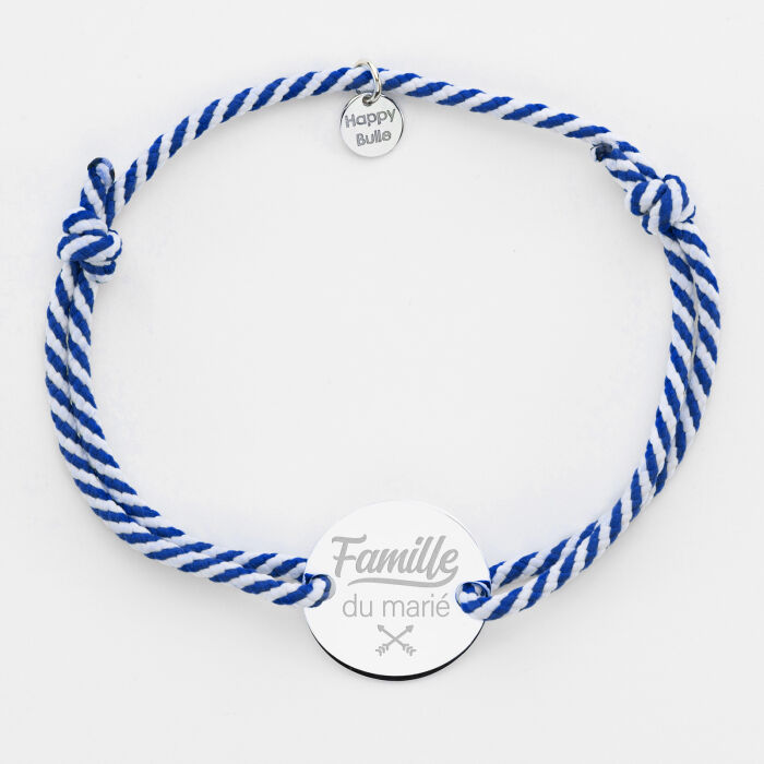Bracelet homme Famille des mariés personnalisé cordon marin tressé médaille gravée argent 2 trous 20 mm - Famille du marié