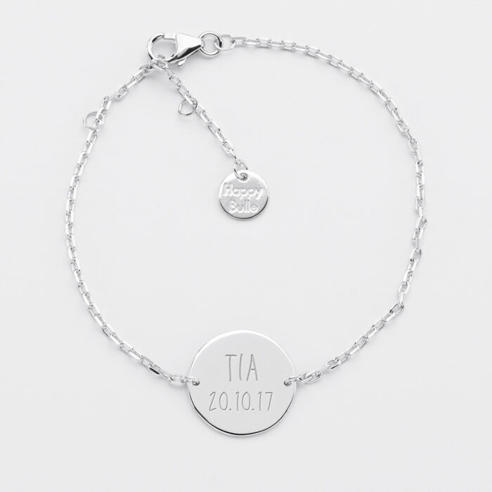 Personalised engraved 2-hole silver medallion children's chain bracelet 15 mm - text