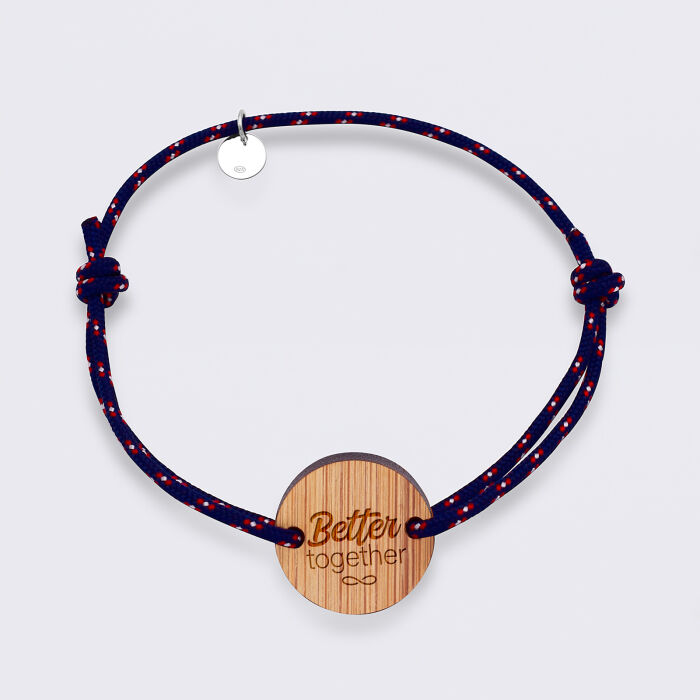 Bracelet Marié personnalisé cordage marin simple médaille gravée bois ronde 2 trous 21 mm - Better together