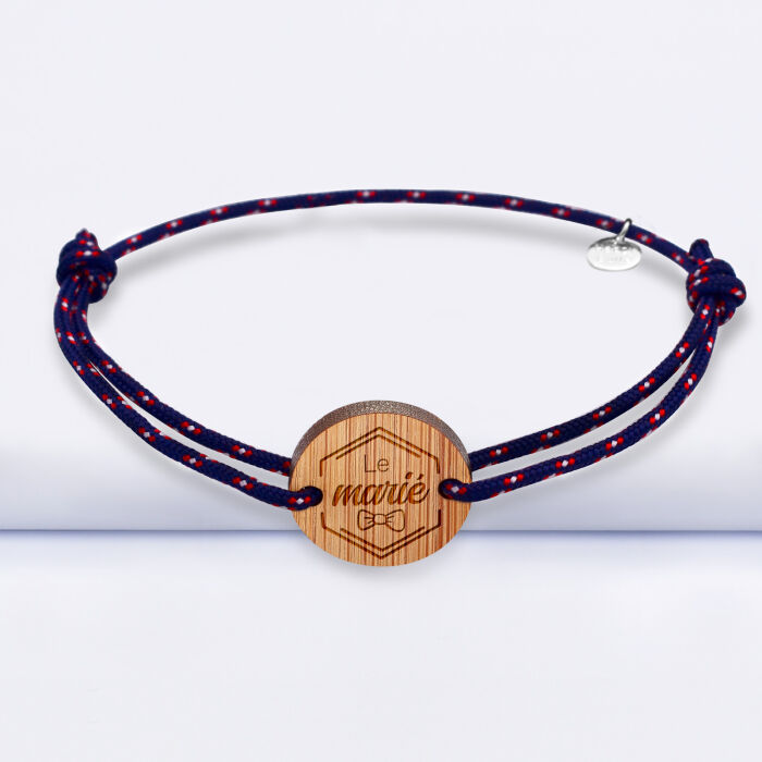 Bracelet Marié personnalisé cordage marin simple médaille gravée bois ronde 2 trous 21 mm - Le marié