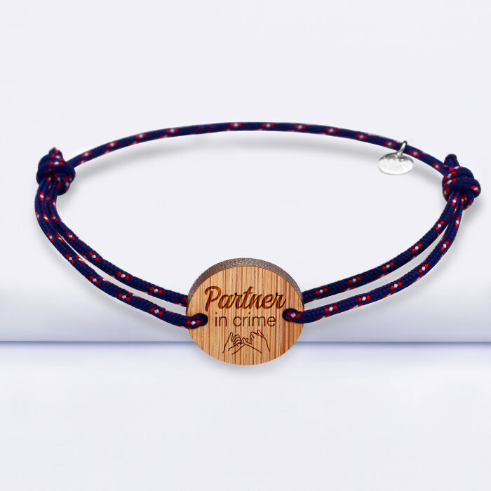 Bracelet Marié personnalisé cordage marin simple médaille gravée bois ronde 2 trous 21 mm - Partner in crime