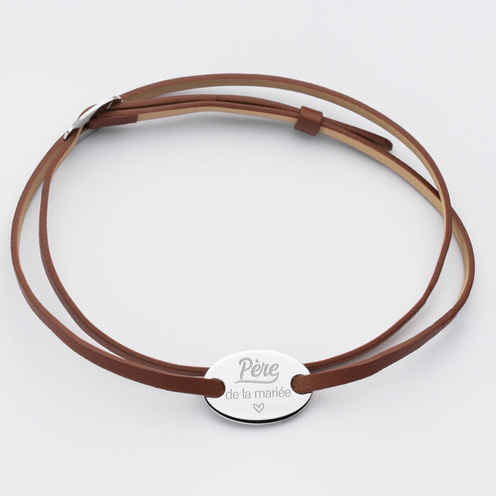 Bracelet homme Famille des mariés personnalisé cuir médaille gravée argent ovale 2 trous 25x16 mm - Père de la mariée