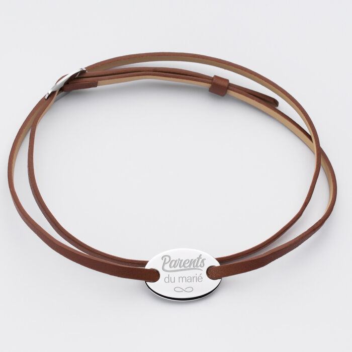Bracelet homme Famille des mariés personnalisé cuir médaille gravée argent ovale 2 trous 25x16 mm - Parents de la marié