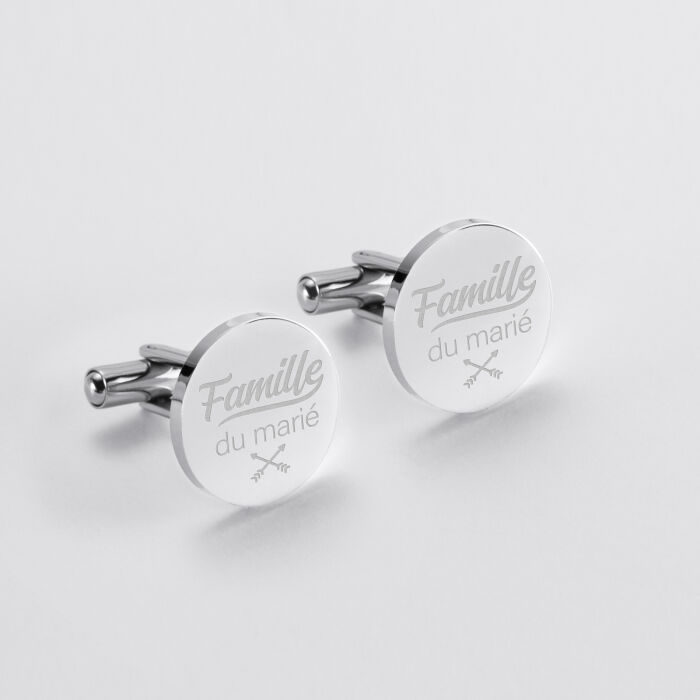 Boutons de manchette Famille des mariés personnalisés gravé acier rond 16 mm - Famille du marié