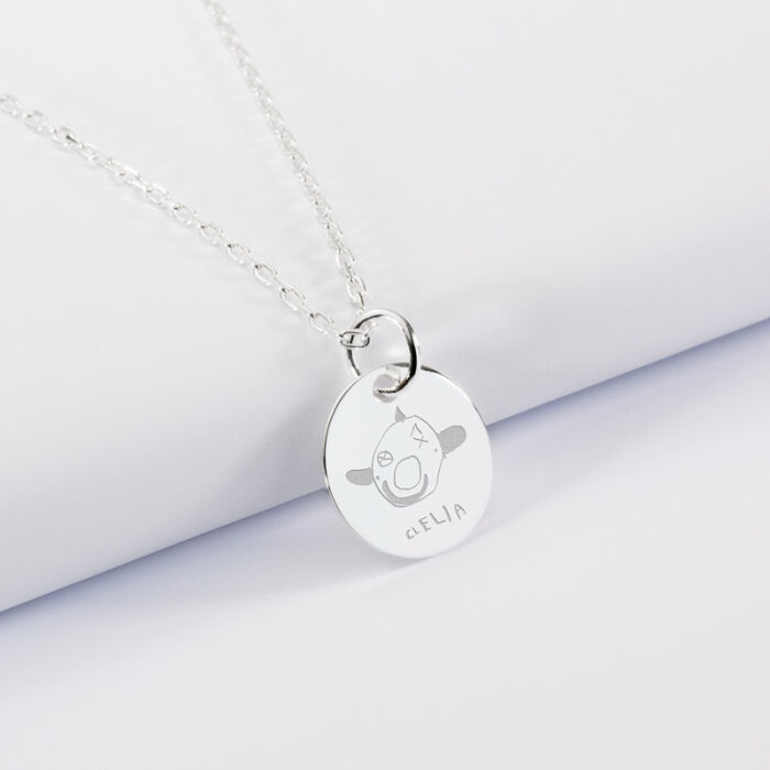 Personalised engraved silver children's medallion pendant 15 mm - sketch