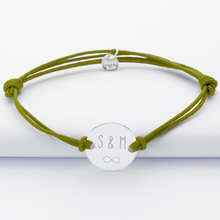 Bracelet Marié personnalisé cordon doublé médaille gravée argent 2 trous 20 mm - Initiales et picto