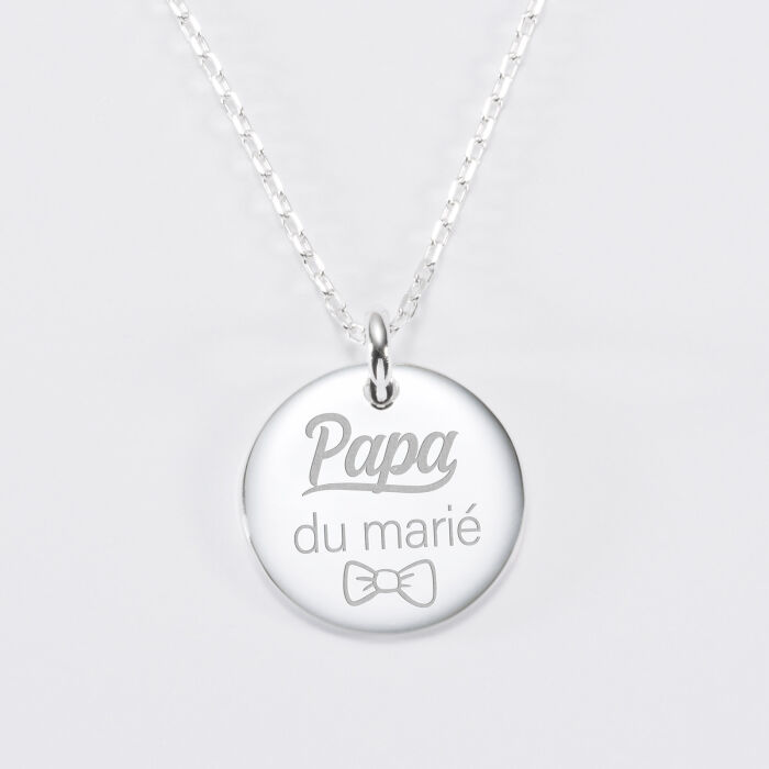 Pendentif homme Famille des mariés personnalisé médaille bombée gravée argent 20 mm - Papa du marié