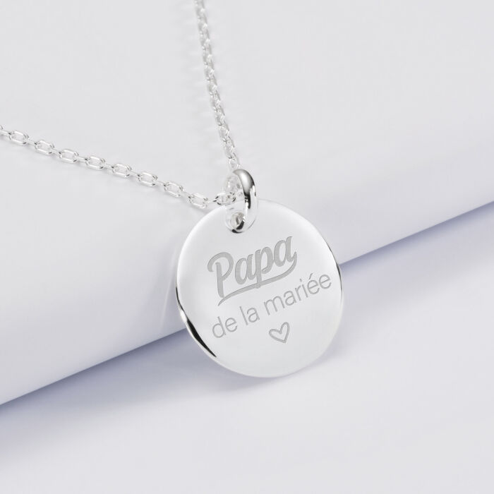 Pendentif homme Famille des mariés personnalisé médaille bombée gravée argent 20 mm - Papa de la mariée