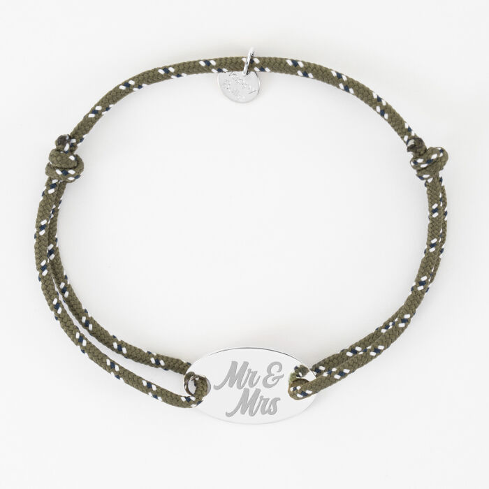 Bracelet Marié personnalisé cordage marin simple médaille gravée argent ovale 25x16 mm - Mr&Mrs