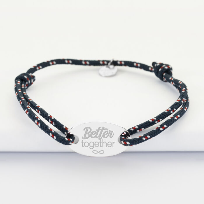 Bracelet Marié personnalisé cordage marin simple médaille gravée argent ovale 25x16 mm - Better together