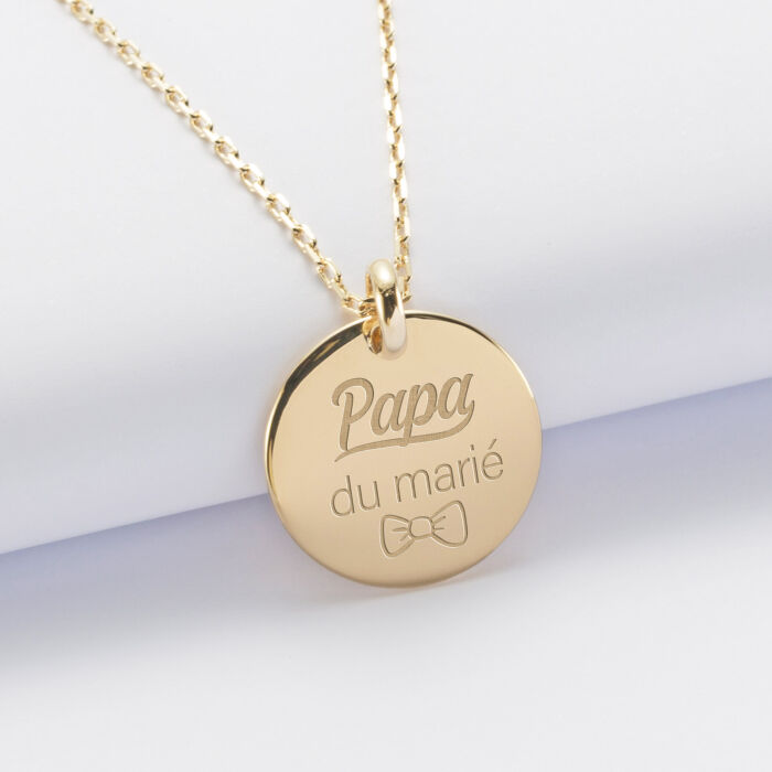 Pendentif homme Famille des mariés personnalisé médaille bombée gravée plaqué or 20 mm - Papa du marié